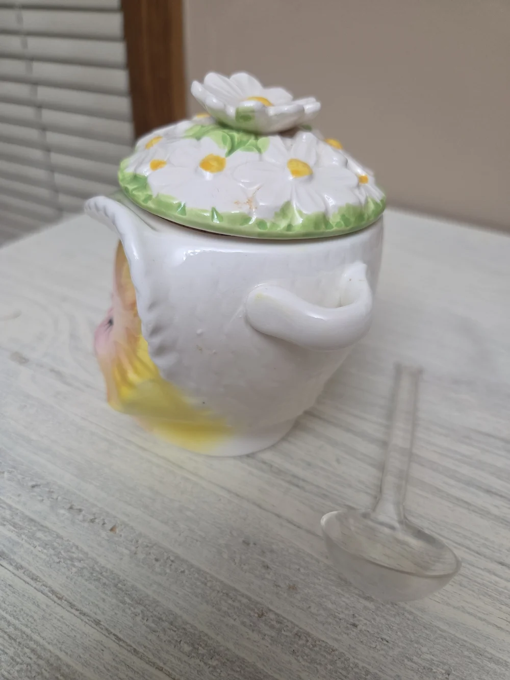 Vintage Enesco  Winking Kitty Jam Jar with Daisy Lid - Yellow & Pink